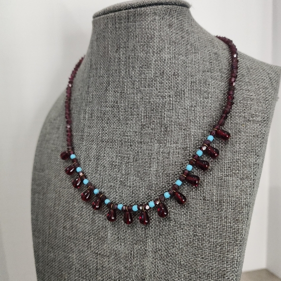 Gerard Yosca Jewelry - Vintage Gerard Yosca 16" Beaded Necklace Red Glass Teardrops & Turquoise Accent